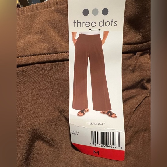 NWT Three Dots Women's Pull-On wide leg brown Pant - Picture 5 of 8